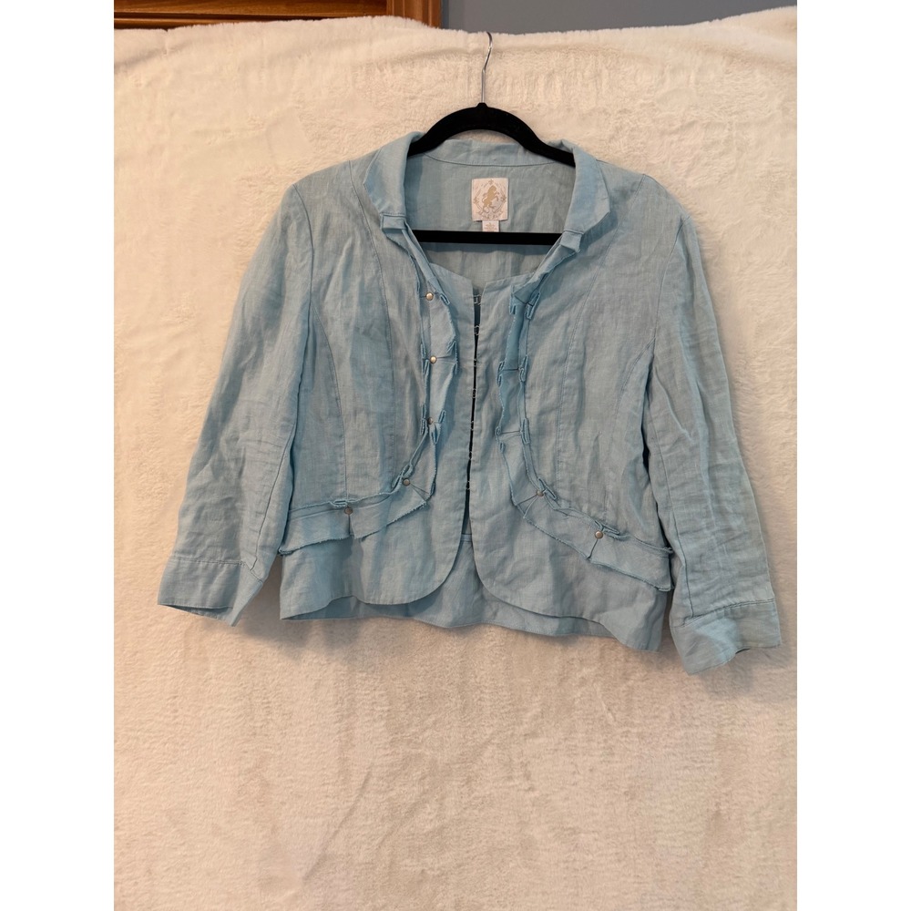 Think Tank Women L 100% Linen Ruffle Hook Eye Cropped Jacket Blazer 3/4 Sleeve